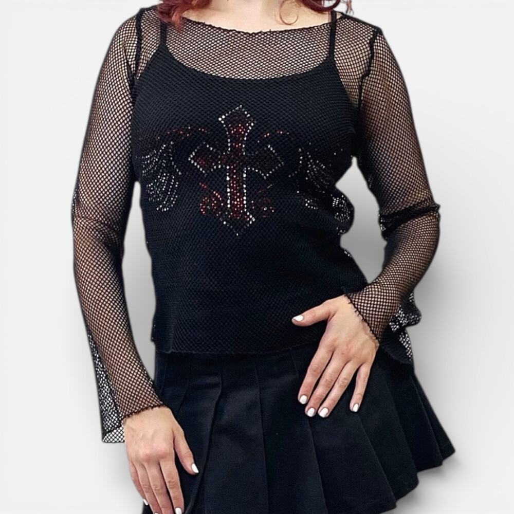 Vintage Y2K Mesh Soft Goth Fairy Bell Sleeves Overlay Top Sz Small